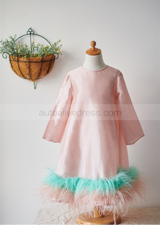 Long Sleeves Pink Taffeta Flower Girl Dress With Feather